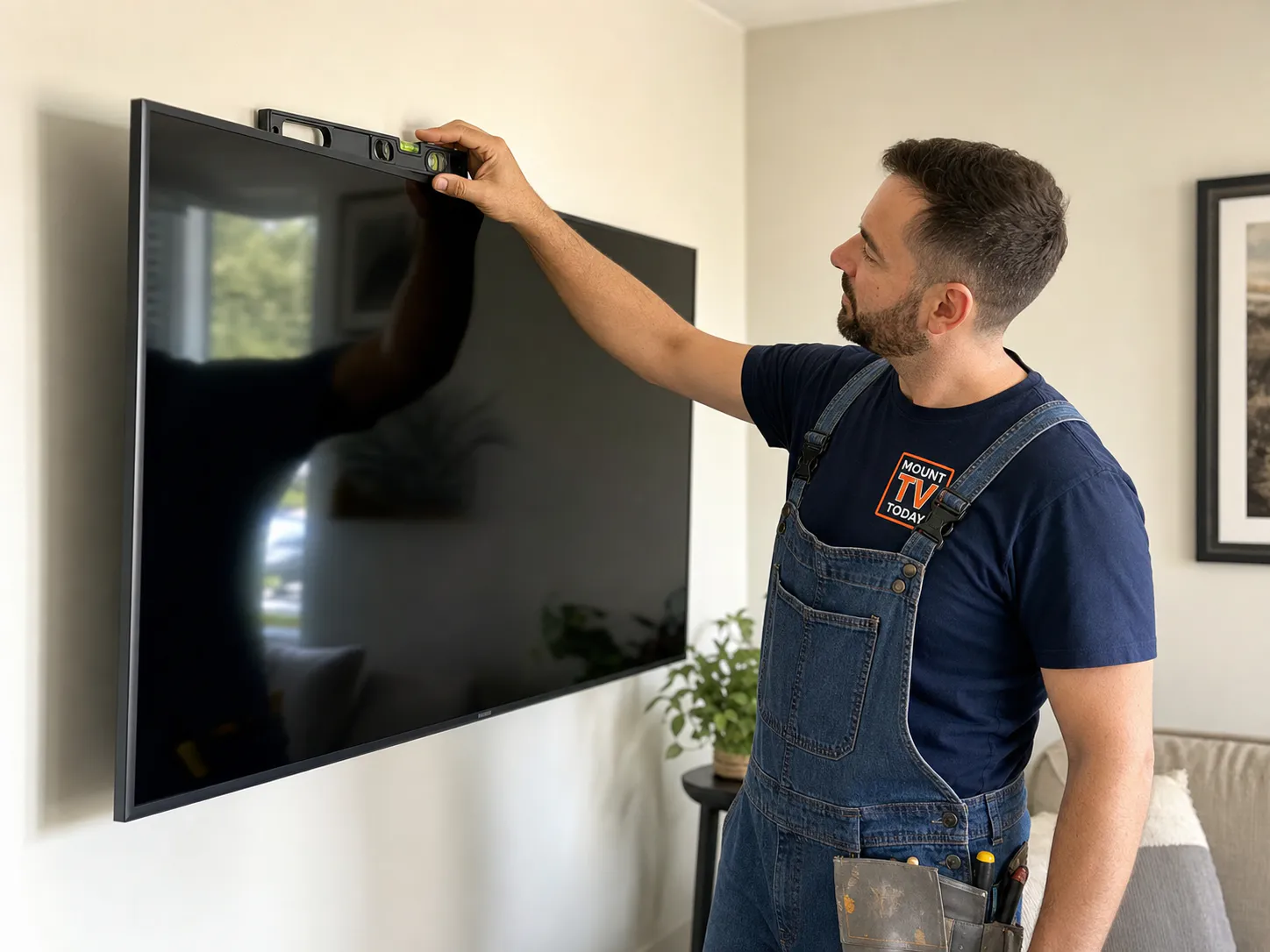 Illustration of a technician checking the level of a mounted television
