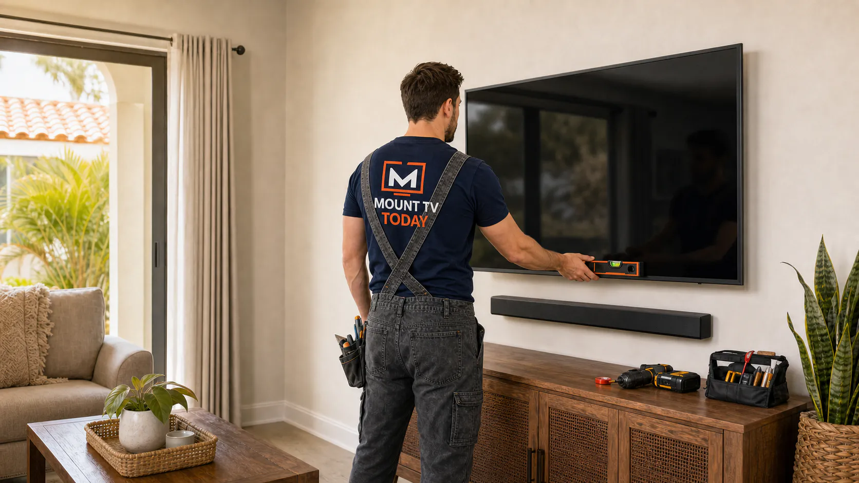 Technician checking a completed TV and soundbar installation